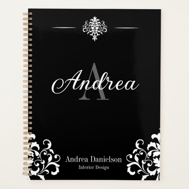 Elegant Damask Monogrammed Black and white Office Planer (Vorderseite)