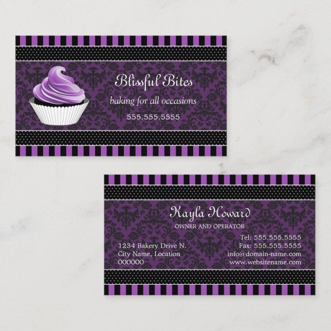 Élégant Damask Purple Cupcake Carte de visite (Devant / Derrière)
