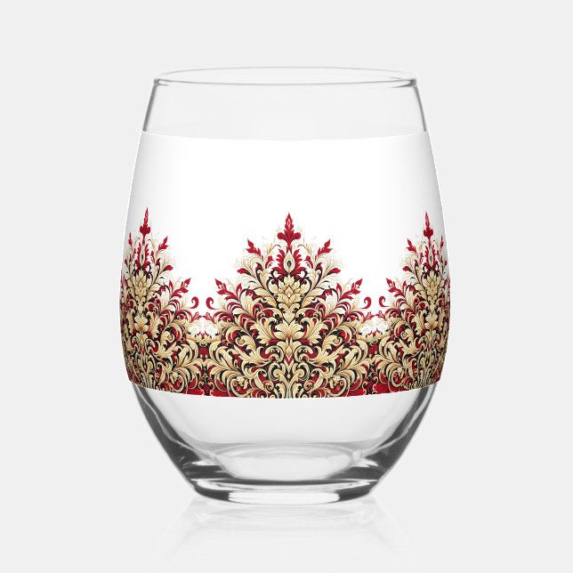 Elegant Damask Red and Gold Pattern Weinglas Ohne Stiel (Vorderseite)