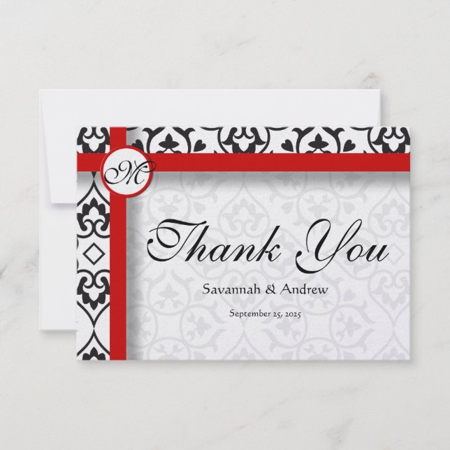 Elegant Damask Side Borders Red Trim Vielen Dank Dankeskarte (Vorderseite)