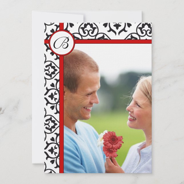 Elegant Damask Side Borders Red Trim Wedding Einladung (Vorderseite)