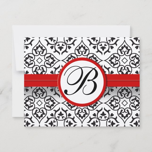 Elegant Damask Side Borders Red Trim Wedding RSVP (Vorderseite)