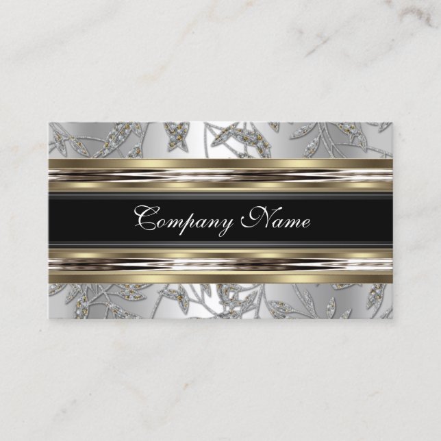 Elegant Damask Silver Pewter Chrome Metal Black Visitenkarte (Vorderseite)