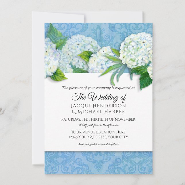 Elegant Damask Sky Blue Hydrangea Floral Wedding Einladung (Vorderseite)