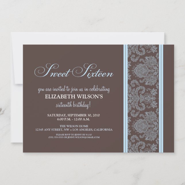 Elegant Damask Sweet 16 Birthday Invite (blau) Einladung (Vorderseite)