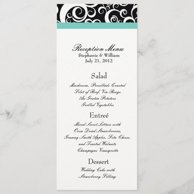 Elégant Damask Swirls Reception Menu en Aqua (Devant)