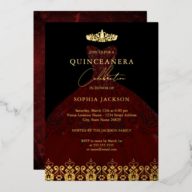 Elegant Damask Tiara Red Gold Quinceanera Folieneinladung (Vorderseite/Rückseite)