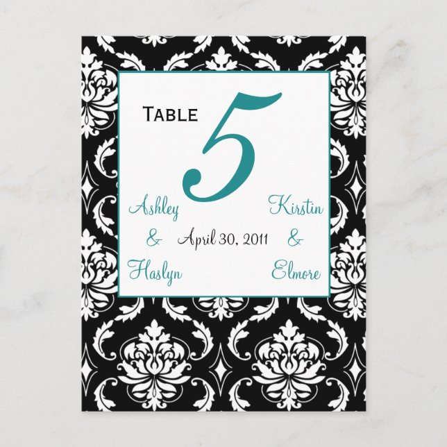 Elegant Damask Wedding Tischnummer Card Jade (Vorderseite)