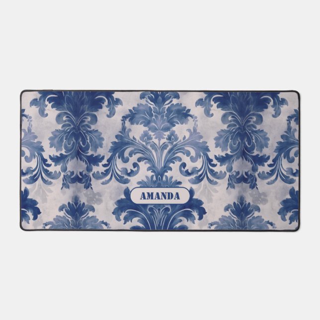 Élégant damassé Bleu toile de jouy monogramme (Recto)