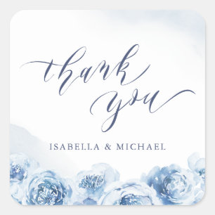 Elegant danke Ihnen Skript blauen Aquarellblumen Quadratischer Aufkleber