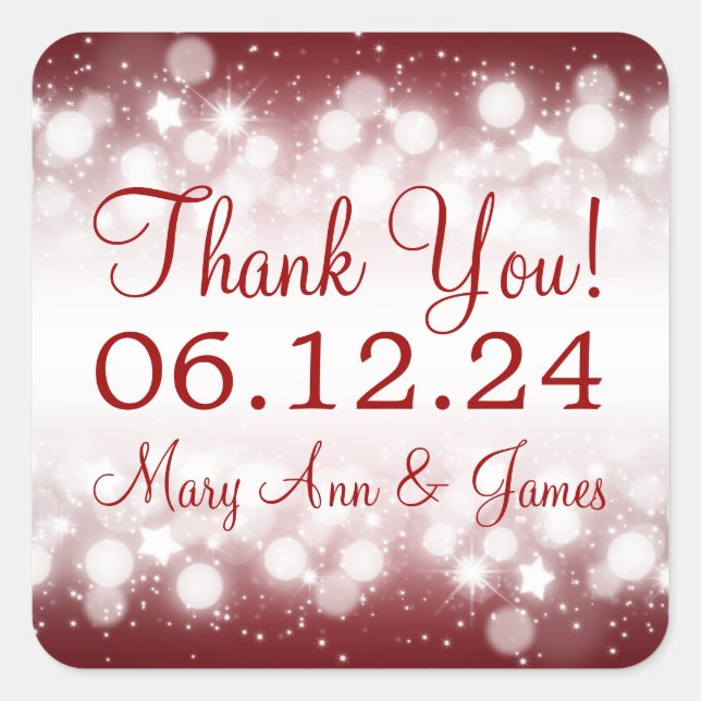 Elegant Danke Magic Sparkle Red Quadratischer Aufkleber (Vorderseite)