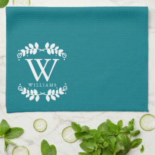 Elegant Dark Aquamarin Monogram Geschirrtuch