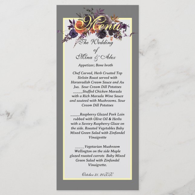 Elegant Dark Autumn Floral Gray Menükarte (Vorderseite)
