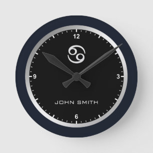 Elegant Dark Blue Frame Zodiac Sign Name Custom Runde Wanduhr