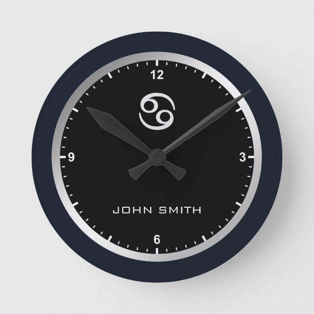 Elegant Dark Blue Frame Zodiac Sign Name Custom Runde Wanduhr (Vorderseite)
