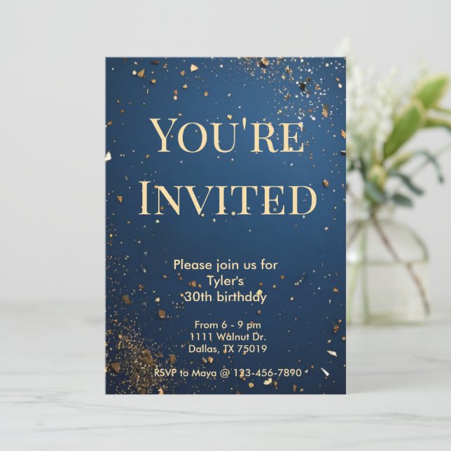 Elegant Dark Blue & Imitats Gold Einladung zum Geb (Stehend Vorderseite)