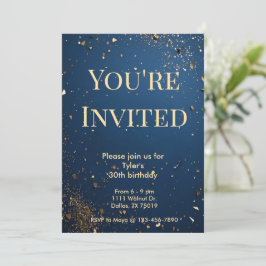 Elegant Dark Blue & Imitats Gold Einladung zum Geb