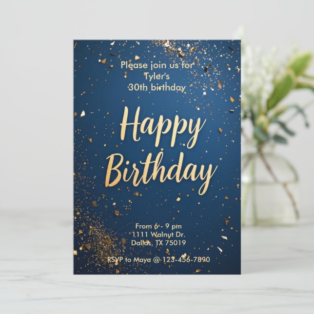 Elegant Dark Blue & Imitats Gold Einladung zum Geb (Stehend Vorderseite)