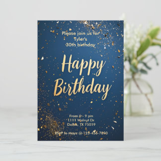 Elegant Dark Blue & Imitats Gold Einladung zum Geb