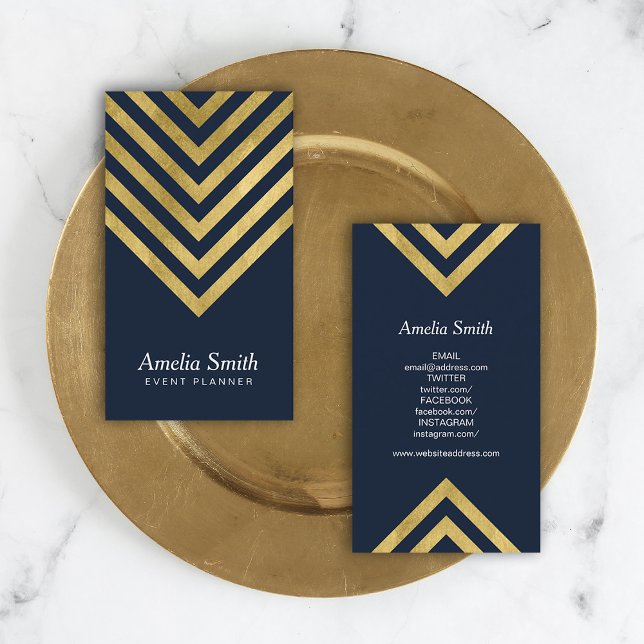 Elegant Dark Blue Imitats Gold Geometric Social Me Visitenkarte (Von Creator hochgeladen)