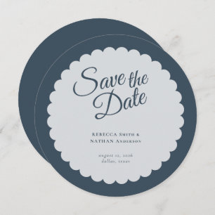 Elegant Dark Blue Script Scallop Hochzeit Save The Date