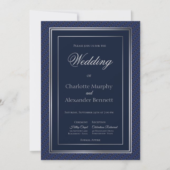 Elegant Dark Blue Silver Border Church Wedding Einladung (Vorderseite)