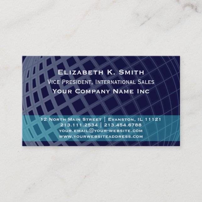 Elegant Dark Blue und Aquamarin Global Grid VP Visitenkarte (Vorderseite)