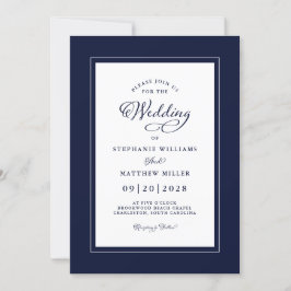 Elegant Dark Blue Wedding Chic Moderne Kalligraphi Einladung