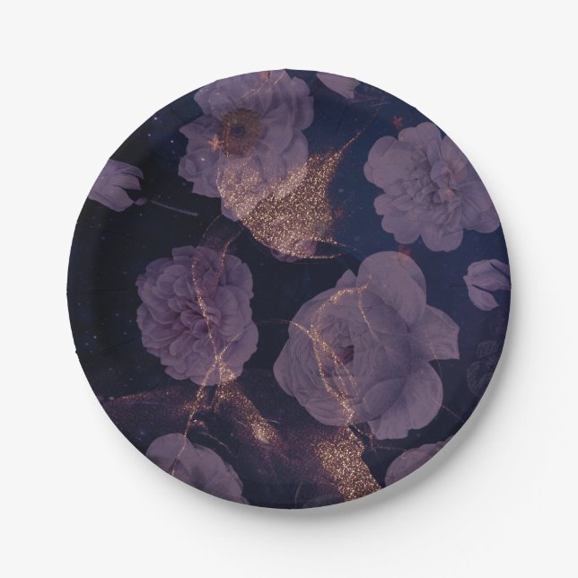 Elegant Dark Boho Lila Botanische Hochzeit Pappteller (Vorderseite)