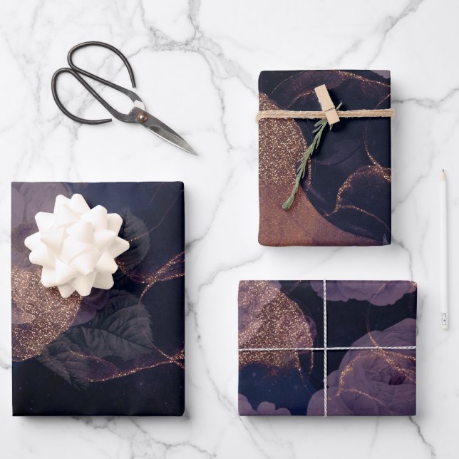 Elegant Dark Boho Lila Fantasie Botanisch Geschenkpapier Set (Vorderseite)