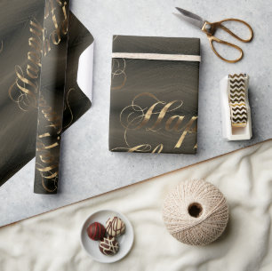 Elegant Dark Brown Gold Script Glücklich Weihnacht Geschenkpapier