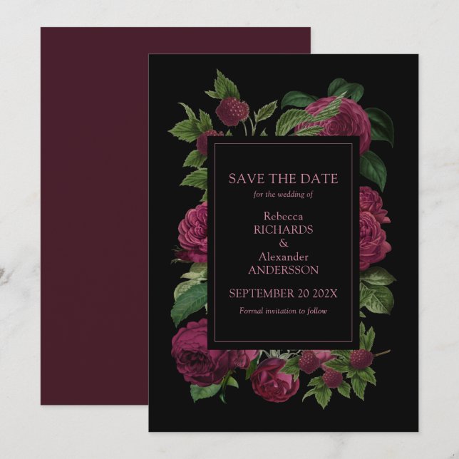 Elegant Dark Burgundy Floral Wedding Save The Date (Vorne/Hinten)