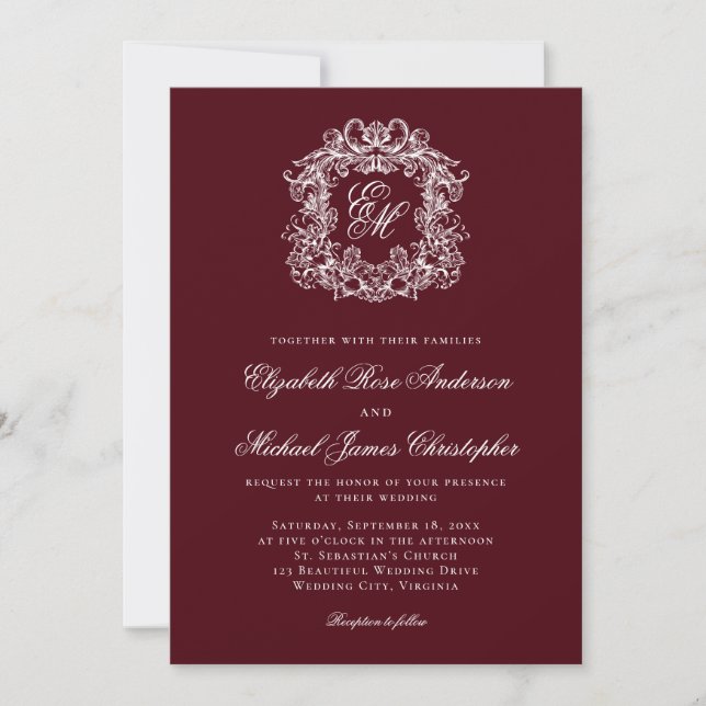 Elegant Dark Burgundy Monogram Crest Wedding Einladung (Vorderseite)