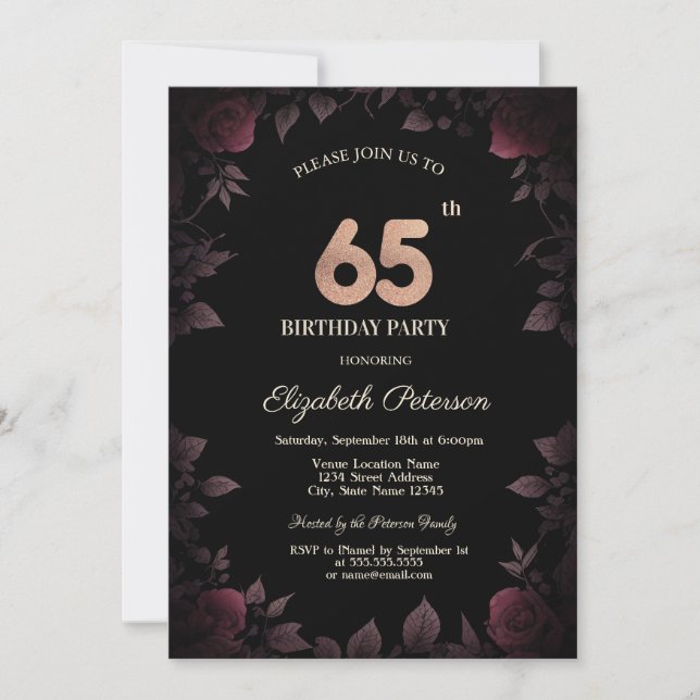 Elegant Dark Burgundy Rose Black 65. Geburtstag Einladung (Vorderseite)