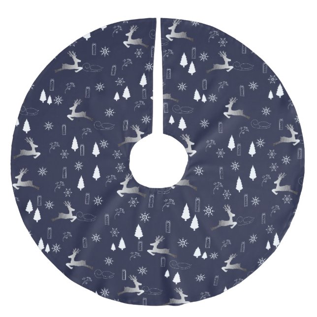 Elegant Dark Christmas TreeSkirt w Silver Reindeer Polyester Weihnachtsbaumdecke (Vorderseite)