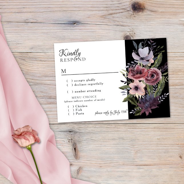 Elegant Dark Floral Cascade Black Burgundy UAWG Ca RSVP Karte (Von Creator hochgeladen)