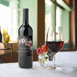 Elegant Dark Floral Cascade Black Burgundy Weinetikett