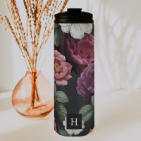Elegant Dark Floral on Black | Monogram Tumbler