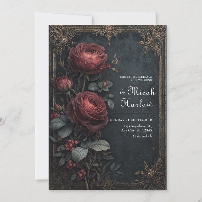 Elegant Dark Gothic Burgundy Rose Floral Wedding Einladung (Vorderseite)