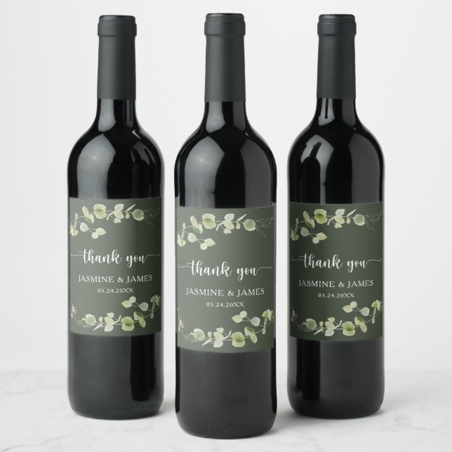 Elegant Dark Green Eucalyptus Wedding Thank You Weinetikett (Flaschen)
