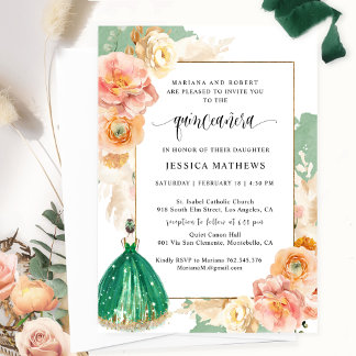 Elegant Dark Green Floral Prinzessin Quinceañera Einladung