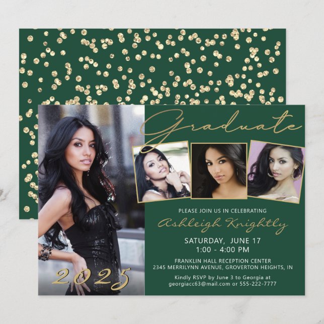 Elegant Dark Green Gold Script 4 Foto Graduate Einladung (Vorne/Hinten)