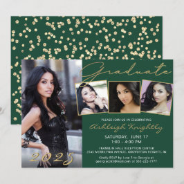Elegant Dark Green Gold Script 4 Foto Graduate Einladung