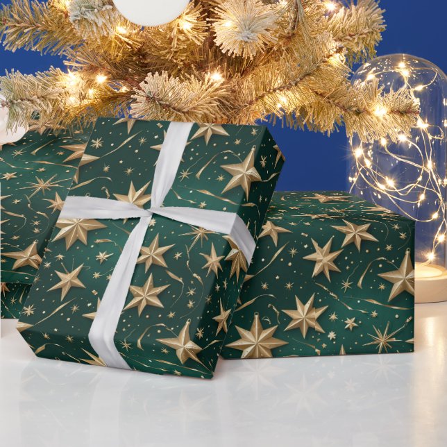 Elegant Dark Green & Gold Star Wrapping Paper Geschenkpapier (Feiertage)