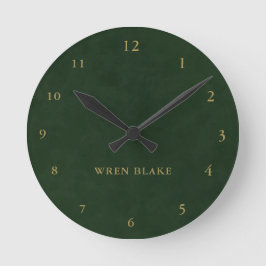 Elegant Dark Green Leather & Gold Script Name Runde Wanduhr
