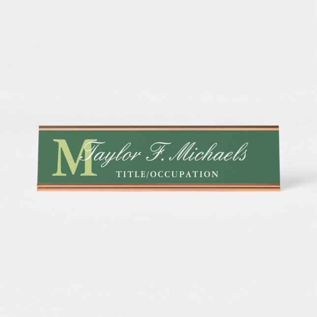 Elegant Dark Green Lime Monogram & Name Schreibtischnamensplakette (Vorderseite )