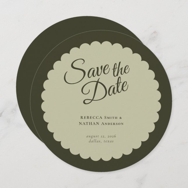 Elegant Dark Green Script Scallop Hochzeit Save The Date (Vorne/Hinten)