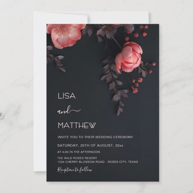 Elegant Dark Moody 3D Roses Wedding Einladung (Vorderseite)