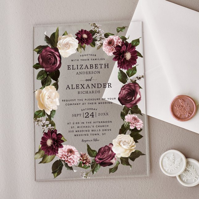 Elegant Dark Moody Floral Burgundy Wedding Acryleinladungen (Von Creator hochgeladen)