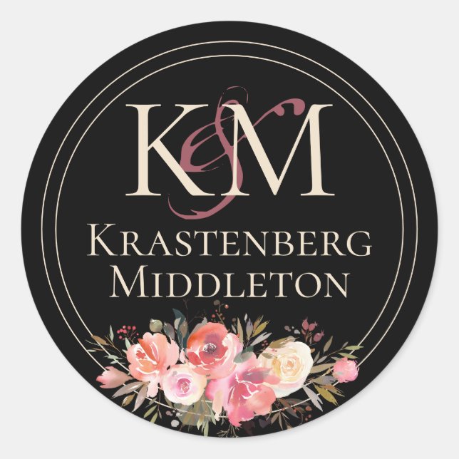 Elegant Dark Moody Wedding Monogram Winter Rose Runder Aufkleber (Vorderseite)